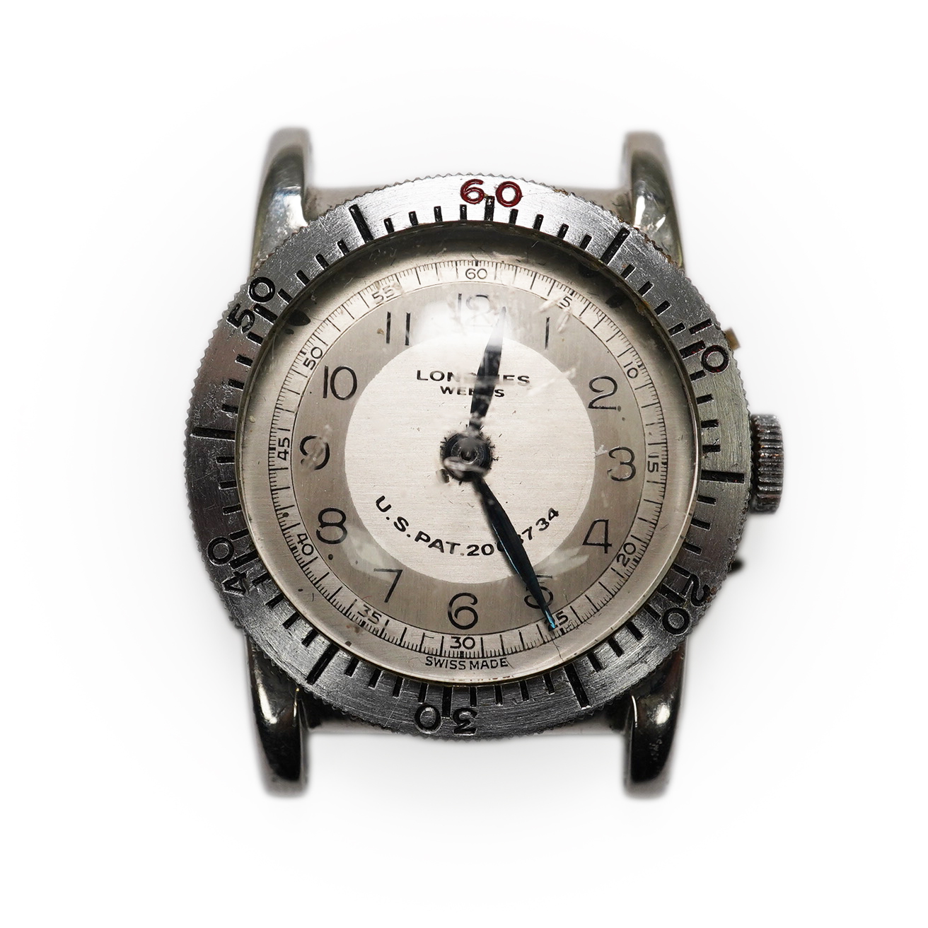 A gentleman's late 1930's steel Longines Weems U.S Patent military pilot's manual wind wrist watch, with Arabic dial, movement c.10L, case diameter 28mm, lacking one crown, no strap. Condition - poor